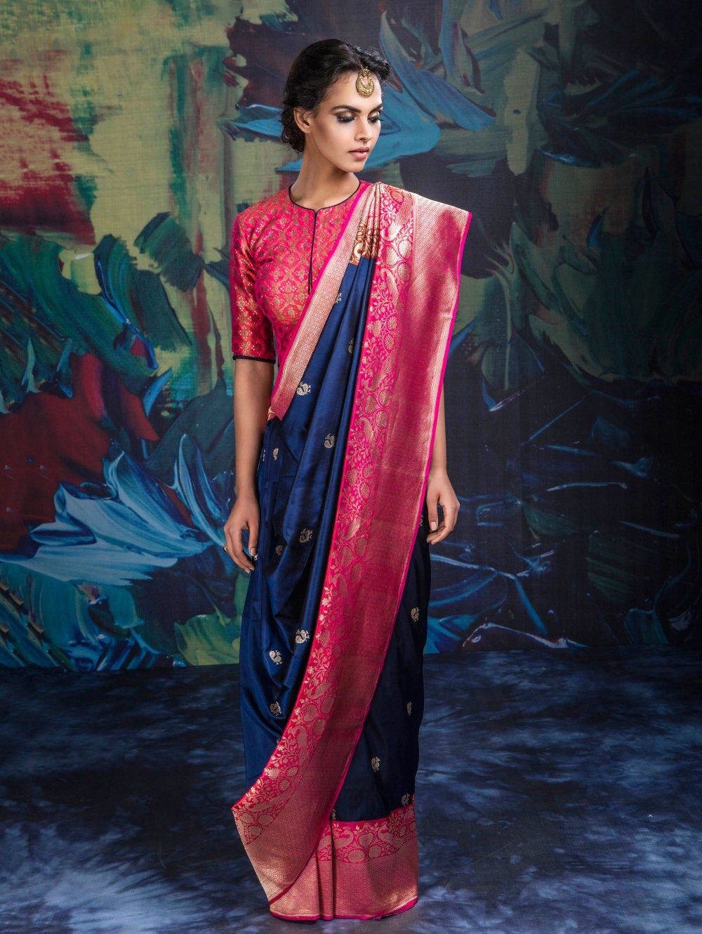 Navy Blue Blouse Design With Red Saree For Karwa Chauth